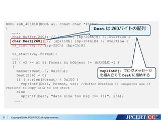 BOOL sub_403E10(BOOL a1, const char *Format, ...) 
{ 
…….. 
char Buffer[260]; // [sp+18h] [bp-208h]@7 // Overflow 2 
char Dest[260]; // [sp+11Ch] [bp-104h]@4 // Overflow 1 
va_list va; // [sp+22Ch] [bp+Ch]@1 
va_start(va, Format); 
…….. 
if ( v2 >= a1 && Format && hObject != (HANDLE)-1 ) 
{ 
memset(Dest, 0, 0x100u); 
Dest[256] = 0; 
if ( strlen(Format) < 0x100 ) 
vsprintf(Dest, Format, va); //Buffer Overflow 1: Dangerous use of 
vsprintf to copy data to the stack 
else 
sprintf(Dest, "data size too big (>= %i)", 256); 
…….. 
Copyright©2 21 014JPCERT/CC All rights reserved. 
Dest は260バイトの配列 
vsprintf() でログメッセージ 
を組み立ててDest に格納する 
 