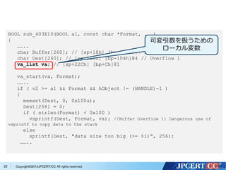 BOOL sub_403E10(BOOL a1, const char *Format, ...) 
{ 
…….. 
char Buffer[260]; // [sp+18h] [bp-208h]@7 // Overflow 2 
char Dest[260]; // [sp+11Ch] [bp-104h]@4 // Overflow 1 
va_list va; // [sp+22Ch] [bp+Ch]@1 
va_start(va, Format); 
…….. 
if ( v2 >= a1 && Format && hObject != (HANDLE)-1 ) 
{ 
memset(Dest, 0, 0x100u); 
Dest[256] = 0; 
if ( strlen(Format) < 0x100 ) 
vsprintf(Dest, Format, va); //Buffer Overflow 1: Dangerous use of 
vsprintf to copy data to the stack 
else 
sprintf(Dest, "data size too big (>= %i)", 256); 
…….. 
Copyright©2 22 014JPCERT/CC All rights reserved. 
可変引数を扱うための 
ローカル変数 
 
