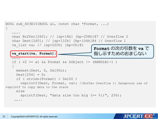 BOOL sub_403E10(BOOL a1, const char *Format, ...) 
{ 
…….. 
char Buffer[260]; // [sp+18h] [bp-208h]@7 // Overflow 2 
char Dest[260]; // [sp+11Ch] [bp-104h]@4 // Overflow 1 
va_list va; // [sp+22Ch] [bp+Ch]@1 
va_start(va, Format); 
…….. 
if ( v2 >= a1 && Format && hObject != (HANDLE)-1 ) 
{ 
memset(Dest, 0, 0x100u); 
Dest[256] = 0; 
if ( strlen(Format) < 0x100 ) 
vsprintf(Dest, Format, va); //Buffer Overflow 1: Dangerous use of 
vsprintf to copy data to the stack 
else 
sprintf(Dest, "data size too big (>= %i)", 256); 
…….. 
Copyright©2 23 014JPCERT/CC All rights reserved. 
Format の次の引数をva で 
指し示すためのおまじない 
 
