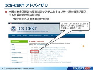 ICS-CERT アドバイザリ 
米国土安全保障省の産業制御システムセキュリティ担当機関が提供 
する制御製品の脆弱性情報 
— http://ics-cert.us-cert.gov/advisories 
Copyright©2014JPCERT/CC All rights reserved. 
3 
2010年〜2013年末までに公開さ 
れたアドバイザリを対象にデータ 
を収集し、調査を行った 
 