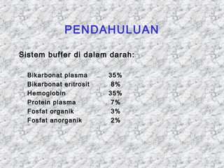 PENDAHULUAN 
Sistem buffer di dalam darah: 
Bikarbonat plasma 35% 
Bikarbonat eritrosit 8% 
Hemoglobin 35% 
Protein plasma 7% 
Fosfat organik 3% 
Fosfat anorganik 2% 
 