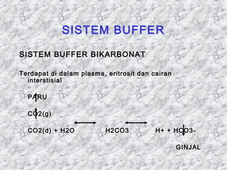 SISTEM BUFFER 
SISTEM BUFFER BIKARBONAT 
Terdapat di dalam plasma, eritrosit dan cairan 
interstisial 
PARU 
CO2(g) 
CO2(d) + H2O H2CO3 H+ + HCO3- 
GINJAL 
 
