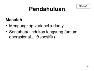 6 
Pendahuluan 
Masalah 
• Mengungkap variabel x dan y 
• Sentuhan/ tindakan langsung (umum 
operasional... spesifik) 
Slide-3 
 