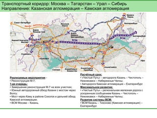 Транспортный коридор: Москва – Татарстан – Урал – Сибирь Направление: Казанская агломерация – Камская агломерация 
Реализуемые мероприятия - 
• Реконструкция М-7; 
1-ая очередь: 
• Завершение реконструкция М-7 на всех участках; 
• Южный автодорожный обход Казани с мостом через Волгу; 
• Мост через Каму в районе Соколок и дальний обход Камской агломерации; 
• ВСМ Москва – Казань. 
Расчётный срок: 
• «Чистый Путь» - автодорога Казань – Чистополь – Нижнекамск – Набережные Челны; 
• Автодорога Камская агломерация – Екатеринбург. 
Максимальное развитие: 
• «Чистый Путь» - региональная железная дорога с ускоренным сообщением Казань – Чистополь – Нижнекамск – Набережные Челны; 
Развитие системы ВСМ: 
• ВСМ Казань – Тихоново (Камская агломерация) – Екатеринбург.  