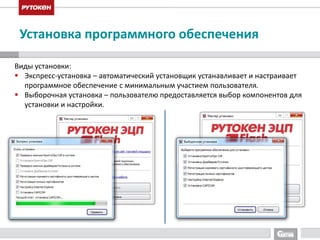 Установка программного обеспечения 
Виды установки: 
 Экспресс-установка – автоматический установщик устанавливает и настраивает 
программное обеспечение с минимальным участием пользователя. 
 Выборочная установка – пользователю предоставляется выбор компонентов для 
установки и настройки. 
 