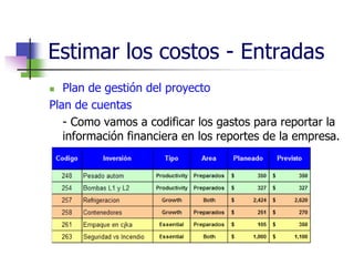 Estimar los costos - Entradas 
 Plan de gestión del proyecto 
Plan de cuentas 
- Como vamos a codificar los gastos para reportar la 
información financiera en los reportes de la empresa. 
 