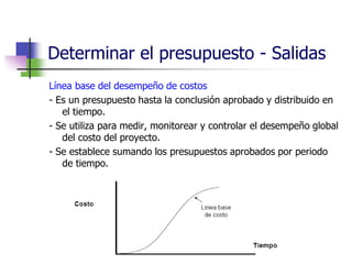 Determinar el presupuesto - Salidas 
Línea base del desempeño de costos 
- Es un presupuesto hasta la conclusión aprobado y distribuido en 
el tiempo. 
- Se utiliza para medir, monitorear y controlar el desempeño global 
del costo del proyecto. 
- Se establece sumando los presupuestos aprobados por periodo 
de tiempo. 
 