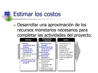 Estimar los costos 
 Desarrollar una aproximación de los 
recursos monetarios necesarios para 
completar las actividades del proyecto. 
 