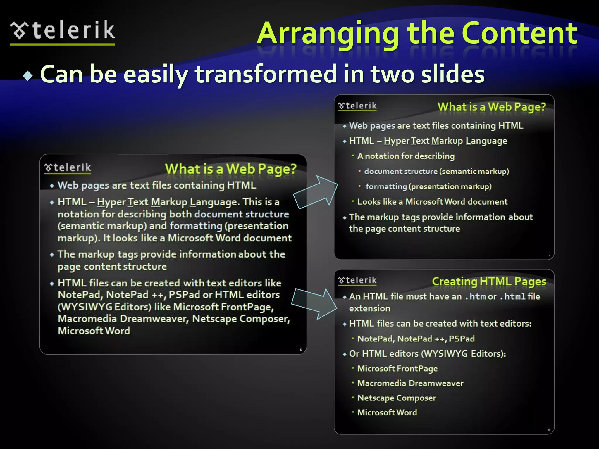 Arranging the Content 
 Can be easily transformed in two slides 
 