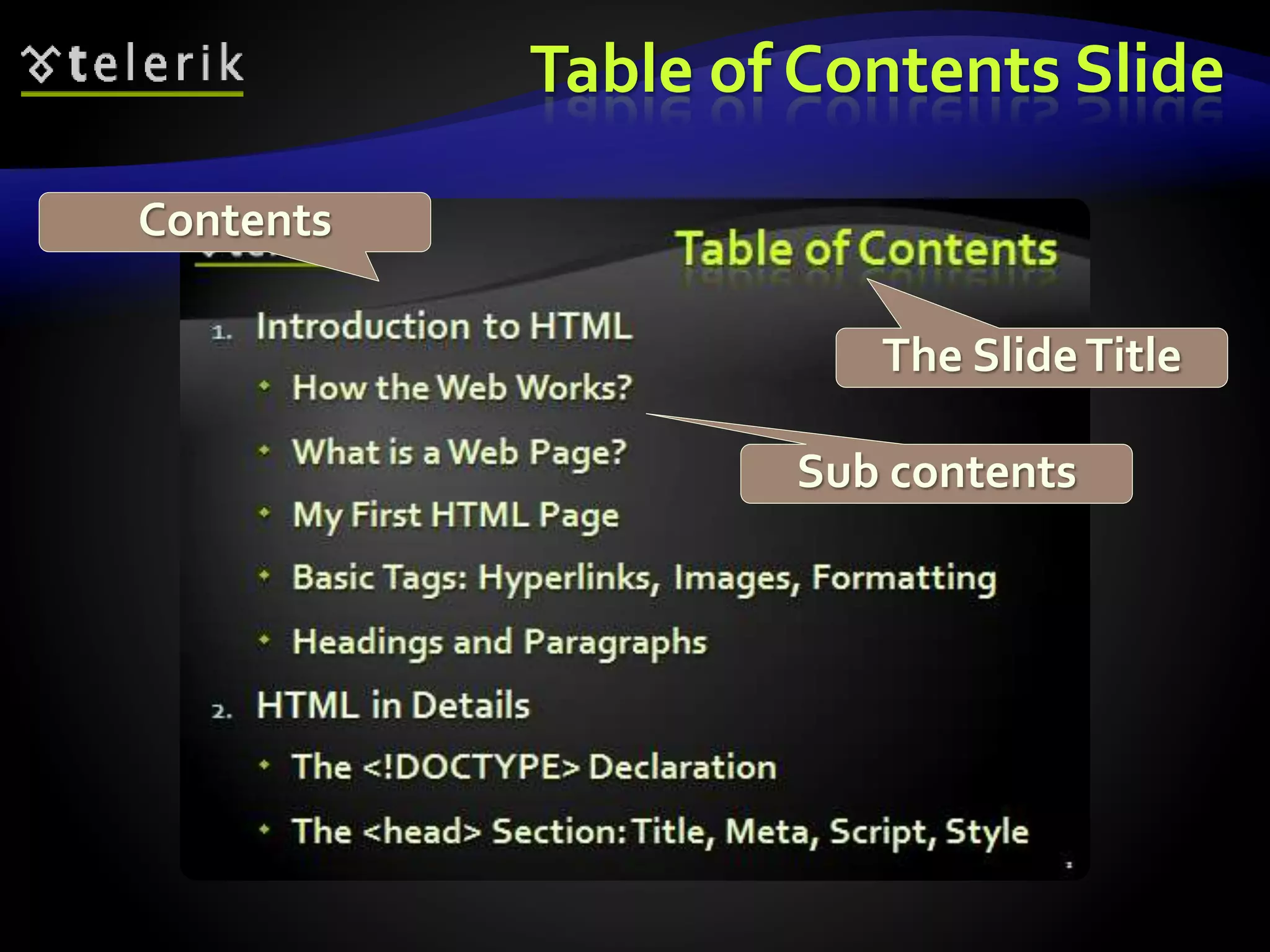 Table of Contents Slide 
The Slide Title 
Contents 
Sub contents 
 