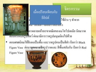 จิตรกรรม 
เมื่อเปรียบเทียบกับ 
อียิปต์ 
• ยุคแรก ๆ มักเป็นงานจิตรกรรมบนภาชนะของใช้ต่าง ๆ ทา จาก 
เครื่องปั้นดินเผา เช่น ไหเหล้า โถเหล้า เหล้าแก้ว 
มีการพัฒนาลวดลายคล้ายเรขาคณิตของเมโสโปเตเมีย นิยมวาด 
ตอนแรกเป็นรูปสัตว์ ต่อมามีการวาดรูปมนุษย์ลงไปด้วย 
• ตอนแรกนิยมใช้สีแดงเป็นพื้น และวาดรูปคนเป็นสีดา เรียกว่า Black 
Figure Vase ต่อมายุคคลาสสิกรูปวาดและ สีพื้นสลับกัน เรียกว่า Red 
Figure Vase 
 