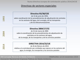 Nueva directiva europea de contratación pública 2014/24/UE 
2014 2004 1993 
Directivas de sectores especiales 
Directiva 93/38/CEE 
de 14 de junio de 1993, 
sobre coordinación de los procedimientos de adjudicación de contratos 
en los sectores del agua, de la energía, de los transportes 
y de las telecomunicaciones 
Directiva 2004/17/CE 
de 31 de marzo de 2004 
sobre la coordinación de los procedimientos de adjudicación de 
contratos en los sectores del agua, 
de la energía, de los transportes y de los servicios postales 
DIRECTIVA 2014/25/UE 
de 26 de febrero de 2014 
relativa a la contratación por entidades que operan en los sectores del 
agua, la energía, los transportes y los servicios postales 
XXII Jornadas Técnicas de Medio Ambiente PAMPLONA. 12-14 noviembre 2014 
Asociación Nacional de Empresas Públicas de Medio Ambiente 
 
