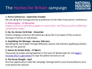 The Homes for Britain campaign 
1. Party Conferences - September-October 
We are taking the message directly to politicians at the three main parties’ conferences. 
2. #Housingday - 12 November 
Support and join in with #housingday on social media - we’ll focus on what a difference 
a good home makes. 
3. Ho, Ho, Homes for Britain - December 
Festive campaign activity to tell politicians about the true impact of the country’s 
shortage of homes on real people. 
4. Amplifying the Message - January- February 
Spreading the word wider through billboards, posters and attention-grabbing activities 
that can’t be ignored. 
5. Homes for Britain Rally - 17 March 
Thousands of people coming together in the heart of Westminster for the biggest 
housing rally in a generation to urge the parties to back our call. 
6. The Home Straight - April 
Your last opportunity to take the campaign message back to your local politicians once 
more before the election. 
