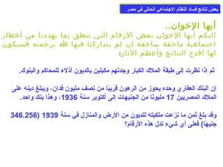 ببععضض ننتتاائئجج ففسساادد االلننظظاام)م) االلججتتممااععيي االلححاالليي ففيي ممصصرر 
أيها الخووان.. 
إليكم أيها الخووان بعض الرقام التي تنطق بما يهددنا من أخوطار 
اجتماعية ماحقة ساحقة إن لم يتداركنا فيها ا برحمته فسيكون 
لها أفدح النتائج وأعظم الثار: 
ثم إذا نظرت إلى طبقة الملك الكبار وجدتهم مكبلين بالديون أذلء للمحاكم والبنوك. 
إن البنك العقاري وحده يحوز من الرهون قريبًاا من نصف مليون فدان، ويبلغ دينه على 
الملك المصريين 17 مليونًاا من الجنيهات إلى أكتوبر سمنة 1936 ، وهذا بنك واحد. 
346.256) وقد بلغ ثمن ما نزعت ملكيته للديون من الرض والمنازل في سمنة 1939 
جنيهًاا) فعلى أي شيء تدل هذه الرقام)؟ 
 