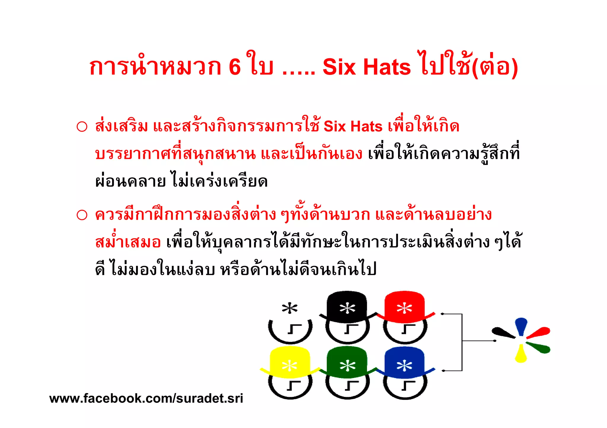 การนำหมวก 6 ใบ ….. Six Hats ไปใช้(ต่อ) 
o ส่งเสริม และสร้างกิจกรรมการใช้ Six Hats เพืÉอให้เกิด 
บรรยากาศทีÉสนุกสนาน และเป็นกันเอง เพÉือให้เกิดความรู้สึกทÉี 
ผ่อนคลาย ไม่เคร่งเครียด 
o ควรมีกาฝึกการมองสÉิงต่างๆทังÊด้านบวก และด้านลบอย่าง 
สมาÉํเสมอ เพÉือให้บุคลากรได้มีทักษะในการประเมินสÉิงต่างๆได้ 
ดี ไม่มองในแง่ลบ หรือด้านไม่ดีจนเกินไป 
www.facebook.com/suradet.sri 
 