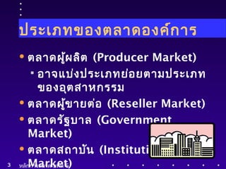 ประเภทของตลาดองค์การ 
ตลาดผู้ผลิต (Producer Market) 
 อาจแบ่งประเภทย่อยตามประเภท 
ของอุตสาหกรรม 
ตลาดผู้ขายต่อ (Reseller Market) 
ตลาดรัฐบาล (Government 
Market) 
ตลาดสถาบัน (Institutional 
Market) 
3 หลักการตลาด บทที่ 6 
 