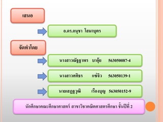 เสนอ 
จัดทาโดย 
อ.ดร.อนุชา โสมาบุตร 
นางสาวณัฐฐาพร บาอุ้ย 563050087-4 
นางสาวศศิธร แซ่จิว 563050139-1 
นายเสฏฐวุฒิ เรืองบุญ 563050152-9 
นักศึกษาคณะศึกษาศาสตร์ สาขาวิชาคณิตศาสตรศึกษา ชั้นปีที่2 
 