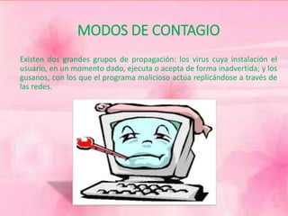 MODOS DE CONTAGIO 
Existen dos grandes grupos de propagación: los virus cuya instalación el 
usuario, en un momento dado, ejecuta o acepta de forma inadvertida; y los 
gusanos, con los que el programa malicioso actúa replicándose a través de 
las redes. 
 