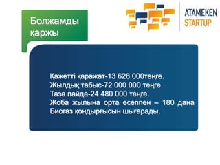 Болжамды 
қаржы 
Қажетті қаражат-13 628 000теңге. 
Жылдық табыс-72 000 000 теңге. 
Таза пайда-24 480 000 теңге. 
Жоба жылына орта есеппен – 180 дана 
Биогаз қондырғысын шығарады. 
 