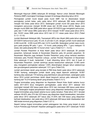 Statistik Hasil Pembangunan Kota Kediri Tahun 2013 
Ulasan Singkat ∞ Hal.xix 
Menengah Kejuruan (SMK) sebanyak 26 lembaga. Namun untuk Sekolah Menengah Pertama (SMP) meningkat 5 lembaga menjadi 33 lembaga dibanding tahun 2012. 
Peningkatan jumlah murid terjadi pada murid SMP, hal ini dikarenakan terjadi peningkatan jumlah kelas, yaitu pada tahun 2012 sebanyak 396 kelas meningkat menjadi 423 kelas pada tahun 2013. Sedangkan jumlah murid SD pada tahun 2013 mengalami penurunan menjadi 30.286 siswa dari 30.350 siswa (2012). Begitu pula dengan murid SMU dan SMK pada tahun ajaran 2013/2014 juga mengalami penurunan, yaitu dari 11.067 siswa SMU pada tahun 2012 menjadi 10.907 siswa pada tahun 2013, dan 16.631 siswa SMK pada tahun 2013 dari 21.111 siswa pada tahun 2012 (Tabel 5.1.3 – 5.1.6) 
Jumlah Madrasah Ibtidaiyah (MI), Tsanawiyah (MTs) dan Aliyah (MA) pada tahun ajaran 2013/2014 berturut-turut yaitu 16 unit, 8 unit dan 5 unit, dengan jumlah murid sebanyak 2.456 murid MI, 4.039 murid MTs dan 3.214 murid MA. Sedangkan jumlah rasio murid- guru pada jenjang MI yaitu 1 guru : 10 murid, pada jenjang MTs 1 guru melayani 13 siswa, dan pada jenjang MA 12 murud untuk 1 guru (Tabel 5.2.1 – 5.2.3). 
Jumlah Pondok Pesantren di Kota Kediri pada tahun 2013 sebanyak 39 pondok pesantren, terbanyak berada di Kecamatan Mojoroto yaitu 24 pondok pesantren. Di Kecamatan Mojoroto juga terdapat Pondok Pesantren yang cukup terkenal seantero Indonesia yaitu Pondok Pesantren Lirboyo. Jumlah Pondok Pesantren di Kecamatan Kota sebanyak 9 buah, bertambah 1 buah dibanding tahun 2012, dan 6 buah di Kecamatan Pesantren. Jumlah santrinya secara keseluruhan sebanyak 13.565 santri atau mengalami peningkatan sebesar 1,50% dibandingkan dengan tahun sebelumnya dan guru/pengasuh pesantren sebanyak 1.011 guru (Tabel 5.6). 
Jumlah permintaan darah yang tercatat di PMI Kota Kediri pada tahun 2013 sebanyak 16.981 kantong, sedangkan jumlah darah yang dapat dipenuhi sebanyak 16.807 kantong atau sebanyak 174 kantong yang lebih/belum ada permintaan, sedangkan pada tahun 2012 jumlah permintaan darah dapat terpenuhi semua yaitu sebanyak 15.114 kantong dari 15.214 kantong darah yang tersedia (Tabel 5.13.1). 
Tingkat kriminalitas yang dilaporkan ke Kepolisian Resort Kota Kediri selama kurun waktu 2011-2013 terus mengalami peningakatan, pada tahun 2011 sebesar 433 meningkat menjadi 452 kasus pada tahun 2012 dan mencapai 466 kasus pada tahun 2013. Sedangkan tingkat penyelesaian kasus yang dilaporkan berbanding lurus dengan tingkat kriminalitas yang terjadi selama kurun waktu tersebut. Pada tahun 2011 tercatat sebesar 49,42% atau 214 dari 433 kasus yag dilaporkan dapat terselesaikan, kemudian pada tahun 2012 sebanyak 227 kasus atau 51,83% dari 438 kasus yang dilaporkan berhasil diselesaikan, dan pada tahun 2013 sebanyak 228 kasus telah diselesaikan dari 466 tindak kriminal yang dilaporkan (Tabel V.27.1). 
Seperti halnya tingkat kriminalitas jumlah pelanggaran lalu lintas yang terjadi di area hukum Polresta juga fluktuatif. Kejadian pelanggaran pada tahun 2011 sebanyak 16.623  