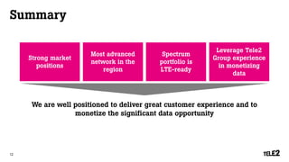 Summary 
We are well positioned to deliver great customer experience and to 
monetize the significant data opportunity 
Strong market positions 
Most advanced network in the region 
Spectrum portfolio is LTE-ready 
Leverage Tele2 Group experience in monetizing data 
12 
