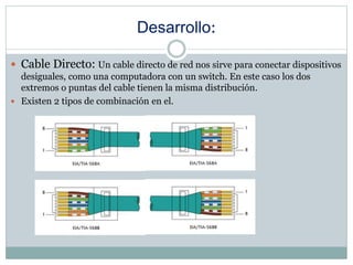 Desarrollo:
 Cable Directo: Un cable directo de red nos sirve para conectar dispositivos
desiguales, como una computadora con un switch. En este caso los dos
extremos o puntas del cable tienen la misma distribución.
 Existen 2 tipos de combinación en el.
 