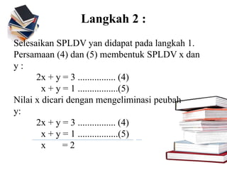 Langkah 2 :
Selesaikan SPLDV yan didapat pada langkah 1.
Persamaan (4) dan (5) membentuk SPLDV x dan
y :
2x + y = 3 ................ (4)
x + y = 1 .................(5)
Nilai x dicari dengan mengeliminasi peubah
y:
2x + y = 3 ................ (4)
x + y = 1 .................(5)
x = 2
 