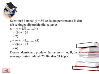 Substitusi kembali y = 84 ke dalam persamaan (4) dan
(5) sehingga diperoleh nilai x dan z.
x = -y + 159.........(4)
= -84 + 159
= 75
z = -y + 147...........(5)
= -84 + 147
= 63
Dengan demikian , produksi harian mesin A, B, dan C
masing-masing adalah 75, 84, dan 63 koper.
 
