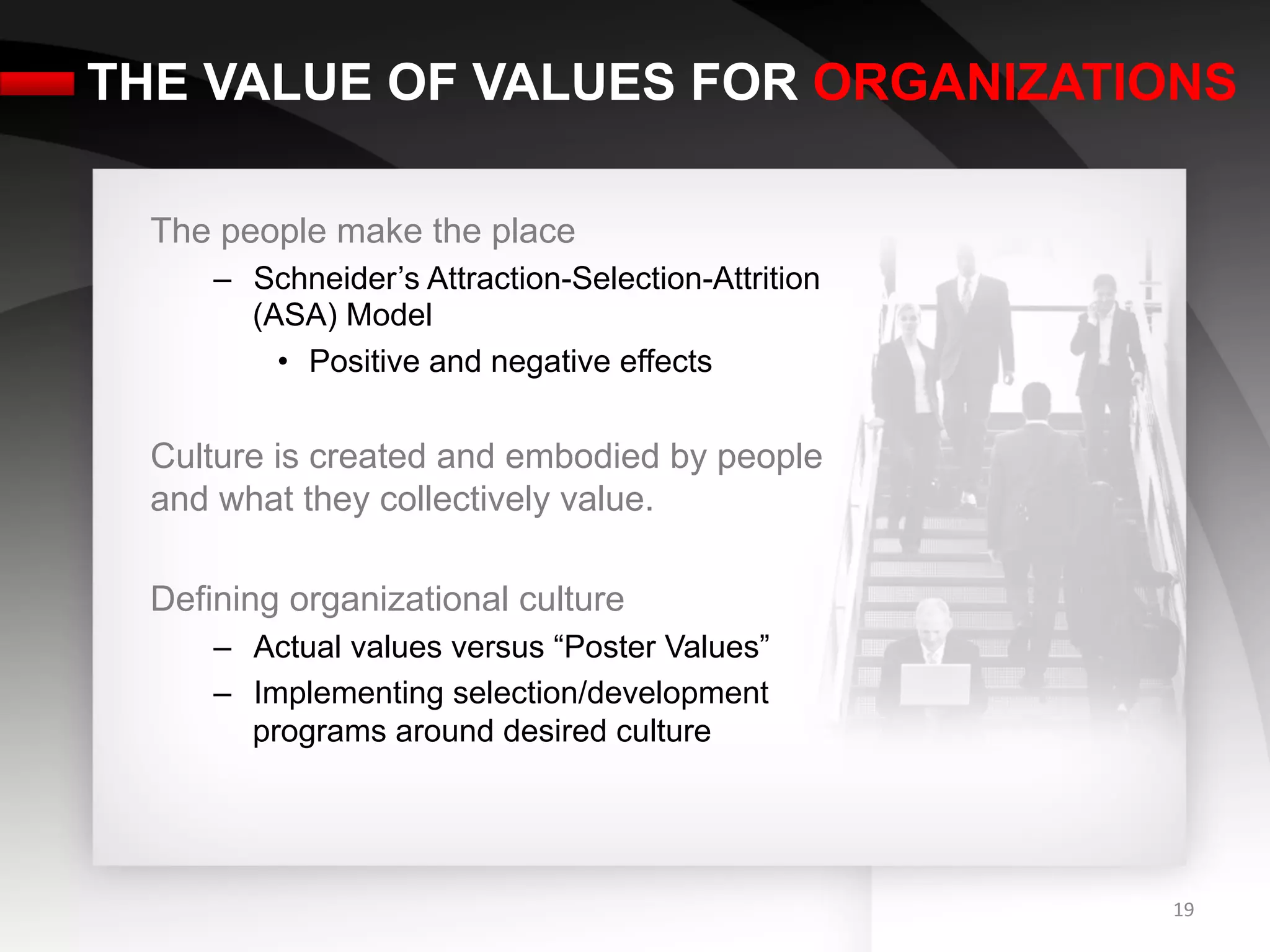THE VALUE OF VALUES FOR ORGANIZATIONS

  The people make the place
      –  Schneider’s Attraction-Selection-Attrition
         (ASA) Model
           •  Positive and negative effects


  Culture is created and embodied by people
  and what they collectively value.

  Defining organizational culture
      –  Actual values versus “Poster Values”
      –  Implementing selection/development
         programs around desired culture




                                                      19	
  
 