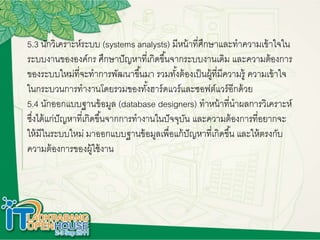 5.3 นักวิเคราะห์ระบบ (systems analysts) มีหน้าที่ศึกษาและทาความเข้าใจใน
ระบบงานขององค์กร ศึกษาปัญหาที่เกิดขึ้นจากระบบงานเดิม และความต้องการ
ของระบบใหม่ที่จะทาการพัฒนาขึ้นมา รวมทั้งต้องเป็นผู้ที่มีความรู้ ความเข้าใจ
ในกระบวนการทางานโดยรวมของทั้งฮาร์ดแวร์และซอฟต์แวร์อีกด้วย
5.4 นักออกแบบฐานข้อมูล (database designers) ทาหน้าที่นาผลการวิเคราะห์
ซึ่งได้แก่ปัญหาที่เกิดขึ้นจากการทางานในปัจจุบัน และความต้องการที่อยากจะ
ให้มีในระบบใหม่ มาออกแบบฐานข้อมูลเพื่อแก้ปัญหาที่เกิดขึ้น และให้ตรงกับ
ความต้องการของผู้ใช้งาน
 