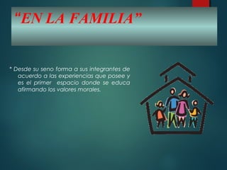 “EN LA FAMILIA”
* Desde su seno forma a sus integrantes de
acuerdo a las experiencias que posee y
es el primer espacio donde se educa
afirmando los valores morales.
 