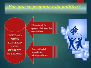 ““BRINDAR ABRINDAR A
TODOSTODOS
EL ACCESOEL ACCESO
A UNAA UNA
DUCACIÓNDUCACIÓN
DE CALIDAD”DE CALIDAD”
Necesidad de
apoyar el desarrollo
económico
Necesidad de
erradicar
desigualdades
¿Por qué se propone esta política?
 