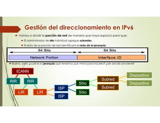 Gestión del direccionamiento en IPv6
 Vamos a dividir la porción de red de manera que haya espacio para que:
 El administrador de site individual agregue subredes.
 El resto de la porción de red identificará el resto de la jerarquía.
 Bueno, pero ¿cuál es la jerarquía que tenemos que mirar para hacerlo? ¿de donde proviene?
DispositivoDispositivo
DispositivoDispositivo
SubredSubred
SubredSubred
SitioSitio
SitioSitio
ISPISP
ISPISP
LIRLIRLIRLIR
RIRRIRRIRRIR
ICANNICANN
 