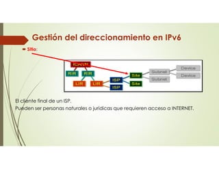 Gestión del direccionamiento en IPv6
 Sitio:
El cliente final de un ISP.
Pueden ser personas naturales o jurídicas que requieren acceso a INTERNET.
 