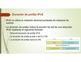 Duración de prefijo IPv6
 IPv6 no utiliza la notación decimal punteada de máscara de
subred.
 La duración de prefijo indica la porción de red de una dirección
IPv6 mediante el siguiente formato:
• Dirección/duración de prefijo IPv6
• La duración de prefijo puede ir de 0 a 128.
• La duración de prefijo típica es /64.
 