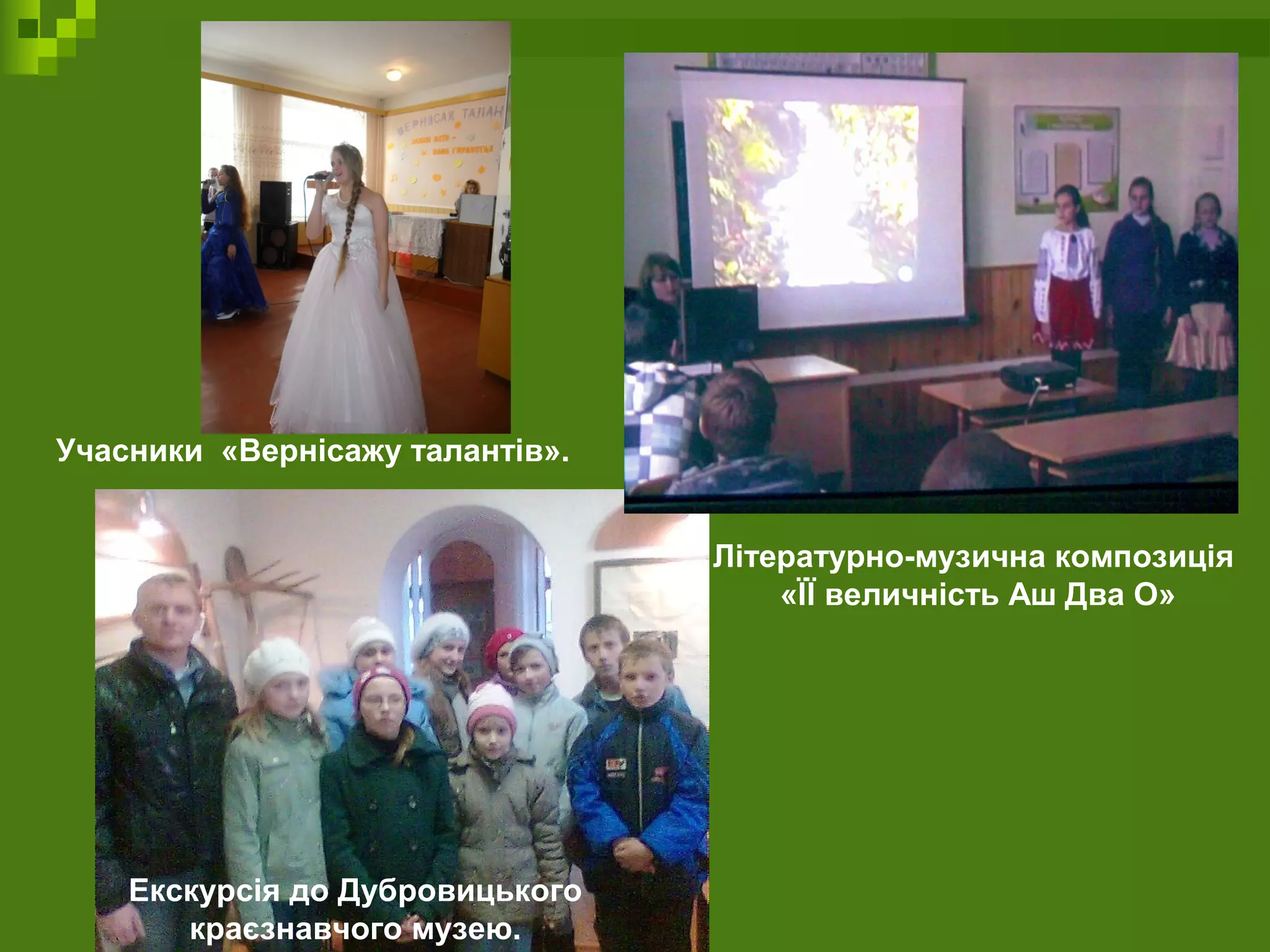 Екскурсія до Дубровицького
краєзнавчого музею.
Літературно-музична композиція
«ЇЇ величність Аш Два О»
Учасники «Вернісажу талантів».
 