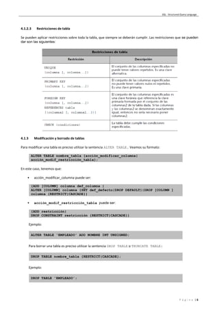 SQL - Structured Query Language
P á g i n a | 6
4.1.2.3 Restricciones de tabla
Se pueden aplicar restricciones sobre toda la tabla, que siempre se deberán cumplir. Las restricciones que se pueden
dar son las siguientes:
4.1.3 Modificación y borrado de tablas
Para modificar una tabla es preciso utilizar la sentencia ALTER TABLE. Veamos su formato:
ALTER TABLE nombre_tabla {acción_modificar_columna|
acción_modif_restricción_tabla};
En este caso, tenemos que:
• acción_modificar_columna puede ser:
{ADD [COLUMN] columna def_columna |
ALTER [COLUMN] columna {SET def_defecto|DROP DEFAULT}|DROP [COLUMN ]
columna {RESTRICT|CASCADE}}
• acción_modif_restricción_tabla puede ser:
{ADD restricción|
DROP CONSTRAINT restricción {RESTRICT|CASCADE}}
Ejemplo:
ALTER TABLE 'EMPLEADO' ADD NOMBRE INT UNSIGNED;
Para borrar una tabla es preciso utilizar la sentencia DROP TABLE o TRUNCATE TABLE:
DROP TABLE nombre_tabla {RESTRICT|CASCADE};
Ejemplo:
DROP TABLE 'EMPLEADO';
 