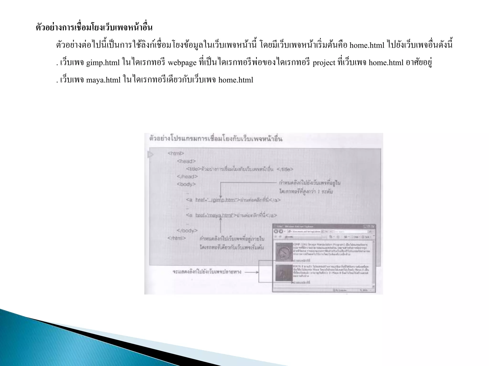 ตัวอย่างการเชื่อมโยงเว็บเพจหน้าอื่น
ตัวอย่ำงต่อไปนี้เป็นกำรใช้ลิงก์เชื่อมโยงข้อมูลในเว็บเพจหน้ำนี้ โดยมีเว็บเพจหน้ำเริ่มต้นคือ home.html ไปยังเว็บเพจอื่นดังนี้
. เว็บเพจ gimp.html ในไดเรกทอรี webpage ที่เป็นไดเรกทอรีพ่อของไดเรกทอรี project ที่เว็บเพจ home.html อำศัยอยู่
. เว็บเพจ maya.html ในไดเรกทอรีเดียวกับเว็บเพจ home.html
 