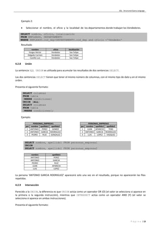 SQL - Structured Query Language
P á g i n a | 13
Ejemplo 2:
 Seleccionar el nombre, el oficio y la localidad de los departamentos donde trabajan los Vendedores.
SELECT nombre, oficio, localización
FROM EMPLEADO, DEPARTAMENTO
WHERE EMPLEADO.cod_dep=DEPARTAMENTO.cod_dep and oficio ='Vendedor'
Resultado
nombre oficio localización
Vargas Héctor Vendedor San Felipe
Delgado Carmen Vendedor San Felipe
Castillo Luis Vendedor San Felipe
4.2.8 Unión
La sentencia SQL UNION es utilizada para acumular los resultados de dos sentencias SELECT.
Las dos sentencias SELECT tienen que tener el mismo número de columnas, con el mismo tipo de dato y en el mismo
orden.
Presenta el siguiente formato:
SELECT columnas
FROM tabla
[WHERE condiciones]
UNION [ALL]
SELECT columnas
FROM tabla
[WHERE condiciones];
Ejemplo:
PERSONAS_EMPRESA1
per nombre apellido1 apellido2
1 ANTONIO PEREZ GOMEZ
2 ANTONIO GARCIA RODRIGUEZ
3 PEDRO RUIZ GONZALEZ
PERSONAS_EMPRESA2
per nombre apellido1 apellido2
1 JUAN APARICIO TENS
2 ANTONIO GARCIA RODRIGUEZ
3 LUIS LOPEZ VAZQUEZ
SELECT nombre, apellido1 FROM personas_empresa1
UNION
SELECT nombre, apellido1 FROM personas_empresa2
nombre apellido1
ANTONIO PEREZ
ANTONIO GARCIA
PEDRO RUIZ
JUAN APARICIO
LUIS LOPEZ
La persona 'ANTONIO GARCIA RODRIGUEZ' aparecerá solo una vez en el resultado, porque no aparecerán las filas
repetidas.
4.2.9 Intersección
Parecido a la UNION, la diferencia es que UNION actúa como un operador OR (O) (el valor se selecciona si aparece en
la primera o la segunda instrucción), mientras que INTERSECT actúa como un operador AND (Y) (el valor se
selecciona si aparece en ambas instrucciones).
Presenta el siguiente formato:
 