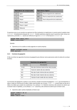 SQL - Structured Query Language
P á g i n a | 9
Si queremos que en una consulta nos aparezcan las filas resultantes sin repeticiones, es preciso poner la palabra clave
DISTINCT inmediatamente después de SELECT. También podríamos explicitar que lo queremos todo, incluso con
repeticiones, poniendo ALL (opción por defecto) en lugar de DISTINCT. El formato de DISTINCT es:
DELETE FROM nombre_tabla
WHERE condiciones;
Ejemplo:
 Queremos ver los sueldos se están pagando en nuestra empresa
SELECT DISTINCT sueldo
FROM empleado;
4.2.3 Funciones de agregación
El SQL nos ofrece las siguientes funciones de agregación para efectuar varias operaciones sobre los datos de una base
de datos:
Las funciones de agregación se aplican a una columna, excepto la función de agregación COUNT, que normalmente se
aplica a todas las columnas de la tabla o tablas seleccionadas, por lo tanto, COUNT (*) contará todas las filas de la
tabla o las tablas que cumplan las condiciones. Si se utilizase COUNT(distinct columna), sólo contaría los valores que
no fuesen nulos ni repetidos, y si se utilizase COUNT (columna), sólo contaría los valores que no fuesen nulos.
 Queremos saber cuántos empleados se llaman Juan
SELECT COUNT(*) AS id
FROM empleado
WHERE nombre='Juan';
 
