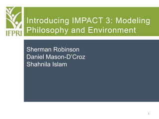 1
Introducing IMPACT 3: Modeling
Philosophy and Environment
Sherman Robinson
Daniel Mason-D’Croz
Shahnila Islam
 