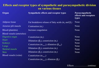 Effects and receptor types of sympathetic and parasympathetic division
on various tissues
Organ Sympathetic effects and receptor types Parasympathetic
effects and receptors
types
Adipose tissue Fat breakdown release of fatty acids (α2 and β1) None
Arrector pili muscle Contrastion (α1) None
Blood (platelets) Increase coagulation None
Blood vessels (arterioles):
Digestive organ
Heart
Kidneys
Lungs
Skeletal muscle
Skin
Blood vessels (veins)
Constriction (α1)
Dilatation (β2), constriction (α1)
Constriction (α1 & 2); dilatation (β1&2)
Dilatation (β2); constriction (α1)
Dilatation (β2); constriction (α1)
Constriction (α1 & 2)
Constriction (α1 & 2); dilataion (β2)
None
None
None
None
None
None
Effects ………………continue
 