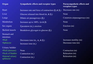 Organ Sympathetic effects and receptor types Parasympathetic effects and
receptors types
Heart Increases rate and force of contraction (β2 & β2) Decreases rate (m)
Liver Glucose released into blood (α1 & β2) None
Lungs Dilates air passageways (β2) Constricts airpassageways (m)
Metabolism Increases up to 100% (α & β) None
Sex organs Ejacutaion (α1); erection Erection (m)
Skeletal muscle Breakdown glycogen to glucose (β2) None
Stomach and
intestines
•Wall
•Sphincter
Decreases tone (α1, α2 & β2)
Increases tone (α1)
Increases motility (m)
Decreases tone (m)
Urinary baldder
•Wall (detrusor)
•Neck of bladder
•Internal urinary
spihincter
None
Contraction (α1)
Contraction (α1)
Contraction (m)
Relaxation (m)
Relaxation (m)
 