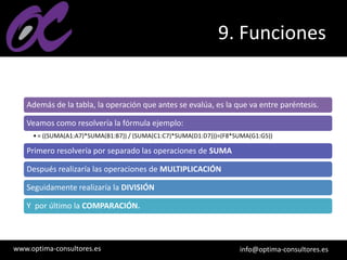 www.optima-consultores.es info@optima-consultores.es
9. Funciones
Además de la tabla, la operación que antes se evalúa, es la que va entre paréntesis.
Veamos como resolvería la fórmula ejemplo:
•= ((SUMA(A1:A7)*SUMA(B1:B7)) / (SUMA(C1:C7)*SUMA(D1:D7)))=(F8*SUMA(G1:G5))
Primero resolvería por separado las operaciones de SUMA
Después realizaría las operaciones de MULTIPLICACIÓN
Seguidamente realizaría la DIVISIÓN
Y por último la COMPARACIÓN.
 