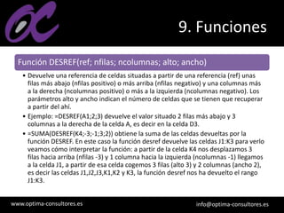 www.optima-consultores.es info@optima-consultores.es
9. Funciones
Función DESREF(ref; nfilas; ncolumnas; alto; ancho)
• Devuelve una referencia de celdas situadas a partir de una referencia (ref) unas
filas más abajo (nfilas positivo) o más arriba (nfilas negativo) y una columnas más
a la derecha (ncolumnas positivo) o más a la izquierda (ncolumnas negativo). Los
parámetros alto y ancho indican el número de celdas que se tienen que recuperar
a partir del ahí.
• Ejemplo: =DESREF(A1;2;3) devuelve el valor situado 2 filas más abajo y 3
columnas a la derecha de la celda A, es decir en la celda D3.
• =SUMA(DESREF(K4;-3;-1;3;2)) obtiene la suma de las celdas devueltas por la
función DESREF. En este caso la función desref devuelve las celdas J1:K3 para verlo
veamos cómo interpretar la función: a partir de la celda K4 nos desplazamos 3
filas hacia arriba (nfilas -3) y 1 columna hacia la izquierda (ncolumnas -1) llegamos
a la celda J1, a partir de esa celda cogemos 3 filas (alto 3) y 2 columnas (ancho 2),
es decir las celdas J1,J2,J3,K1,K2 y K3, la función desref nos ha devuelto el rango
J1:K3.
 