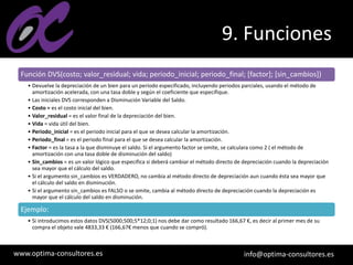 www.optima-consultores.es info@optima-consultores.es
9. Funciones
Función DVS(costo; valor_residual; vida; periodo_inicial; periodo_final; [factor]; [sin_cambios])
• Devuelve la depreciación de un bien para un período especificado, incluyendo periodos parciales, usando el método de
amortización acelerada, con una tasa doble y según el coeficiente que especifique.
• Las iniciales DVS corresponden a Disminución Variable del Saldo.
• Costo = es el costo inicial del bien.
• Valor_residual = es el valor final de la depreciación del bien.
• Vida = vida útil del bien.
• Periodo_inicial = es el periodo inicial para el que se desea calcular la amortización.
• Periodo_final = es el periodo final para el que se desea calcular la amortización.
• Factor = es la tasa a la que disminuye el saldo. Si el argumento factor se omite, se calculara como 2 ( el método de
amortización con una tasa doble de disminución del saldo)
• Sin_cambios = es un valor lógico que especifica si deberá cambiar el método directo de depreciación cuando la depreciación
sea mayor que el cálculo del saldo.
• Si el argumento sin_cambios es VERDADERO, no cambia al método directo de depreciación aun cuando ésta sea mayor que
el cálculo del saldo en disminución.
• Si el argumento sin_cambios es FALSO o se omite, cambia al método directo de depreciación cuando la depreciación es
mayor que el cálculo del saldo en disminución.
Ejemplo:
• Si introducimos estos datos DVS(5000;500;5*12;0;1) nos debe dar como resultado 166,67 €, es decir al primer mes de su
compra el objeto vale 4833,33 € (166,67€ menos que cuando se compró).
 