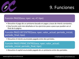 www.optima-consultores.es info@optima-consultores.es
9. Funciones
Función PAGO(tasa; nper; va; vf; tipo)
• Devuelve el pago de un préstamo basado en pagos y tasas de interés constantes.
• Esta función está más detallada en los ejercicios paso a paso que pueden ver al
final de la página.
Función PAGO.INT.ENTRE(tasa; nper; valor_actual; periodo_inicial;
periodo_final; tipo)
• Devuelve el interés acumulado pagado entre dos períodos.
Función PAGO.PRINC.ENTRE(tasa; nper; valor_actual;
periodo_inicial; periodo_final; tipo)
• Devuelve el capital acumulado pagado de un préstamo entre dos períodos.
 