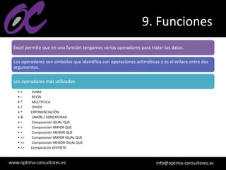 www.optima-consultores.es info@optima-consultores.es
9. Funciones
Excel permite que en una función tengamos varios operadores para tratar los datos.
Los operadores son símbolos que identifica con operaciones aritméticas y es el enlace entre dos
argumentos.
Los operadores más utilizados.
• + SUMA
• - RESTA
• * MULTIPLICA
• / DIVIDE
• ^ EXPONENCIACIÓN
• & UNIÓN / CONCATENAR
• = Comparación IGUAL QUE
• > Comparación MAYOR QUE
• < Comparación MENOR QUE
• >= Comparación MAYOR IGUAL QUE
• <= Comparación MENOR IGUAL QUE
• <> Comparación DISTINTO
 