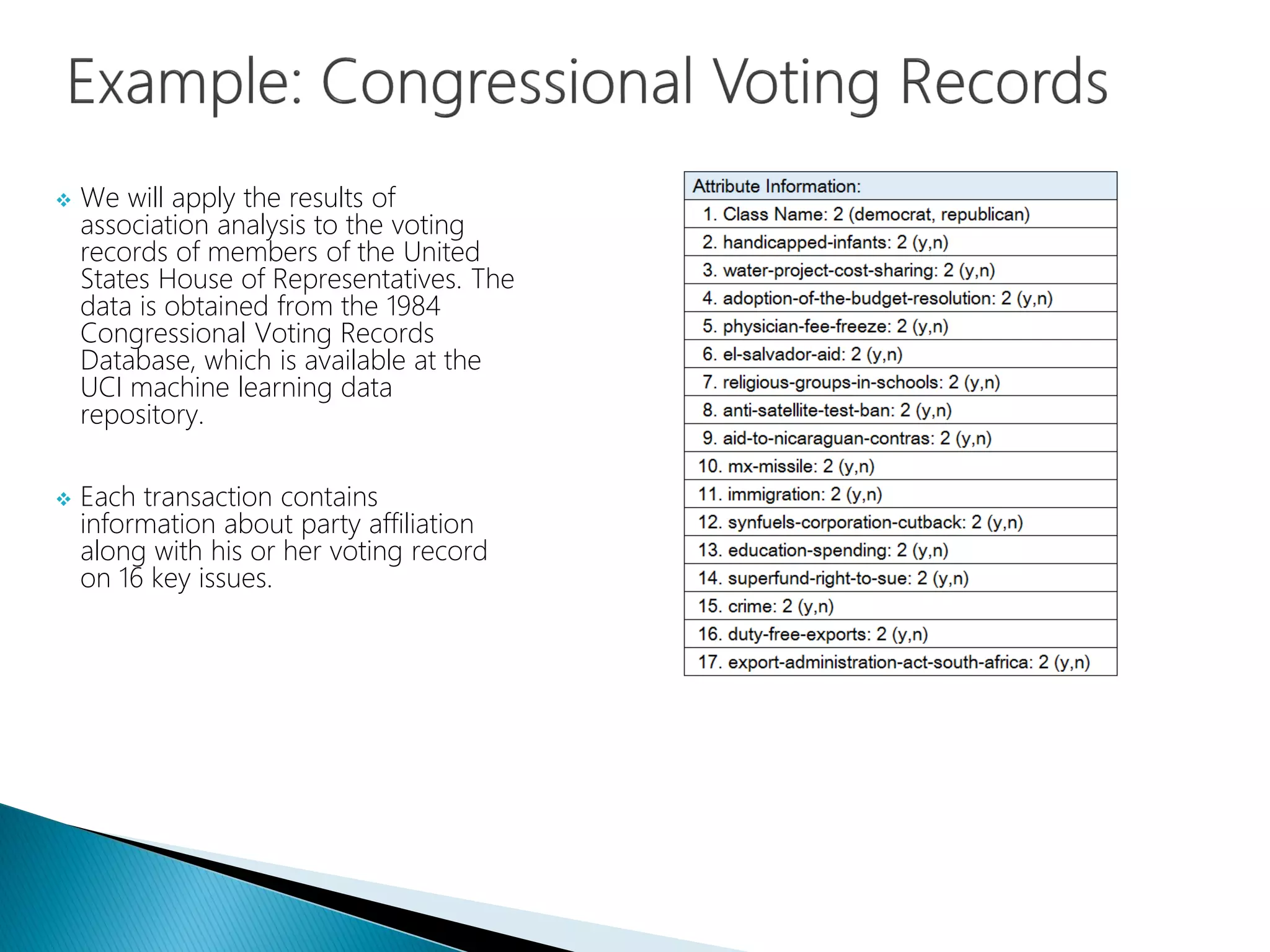  We will apply the results of
association analysis to the voting
records of members of the United
States House of Representatives. The
data is obtained from the 1984
Congressional Voting Records
Database, which is available at the
UCI machine learning data
repository.
 Each transaction contains
information about party affiliation
along with his or her voting record
on 16 key issues.
 