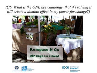 (Q6: What is the ONE key challenge, that if i solving it
will create a domino effect in my power for change?)
 